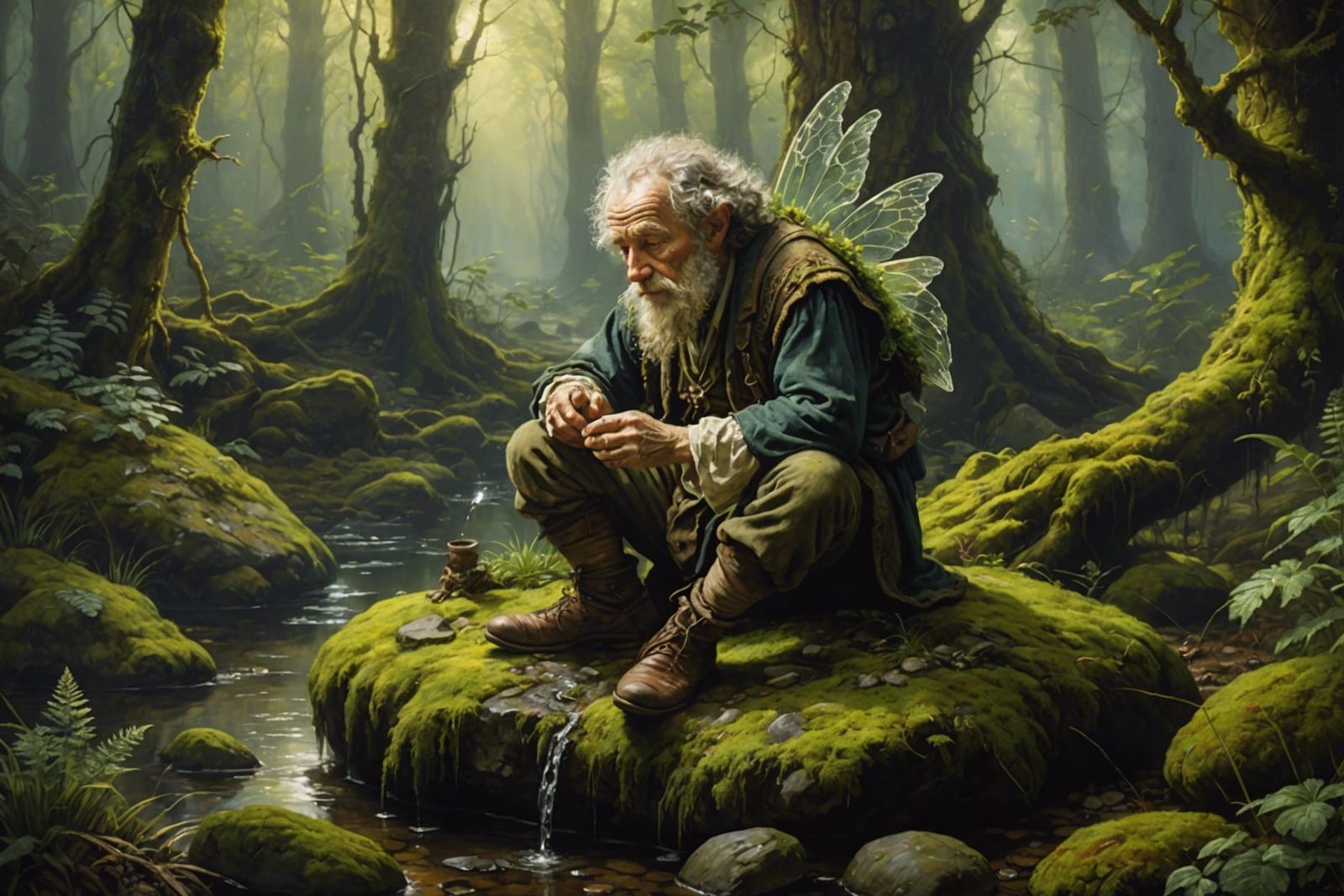 Old Fairy King in Forest, Classical Oil Painting