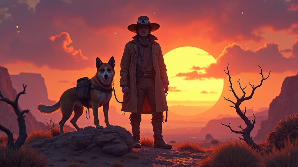 Heroic Desert Explorer and Faithful Dog in a Vibrant Sunset ...