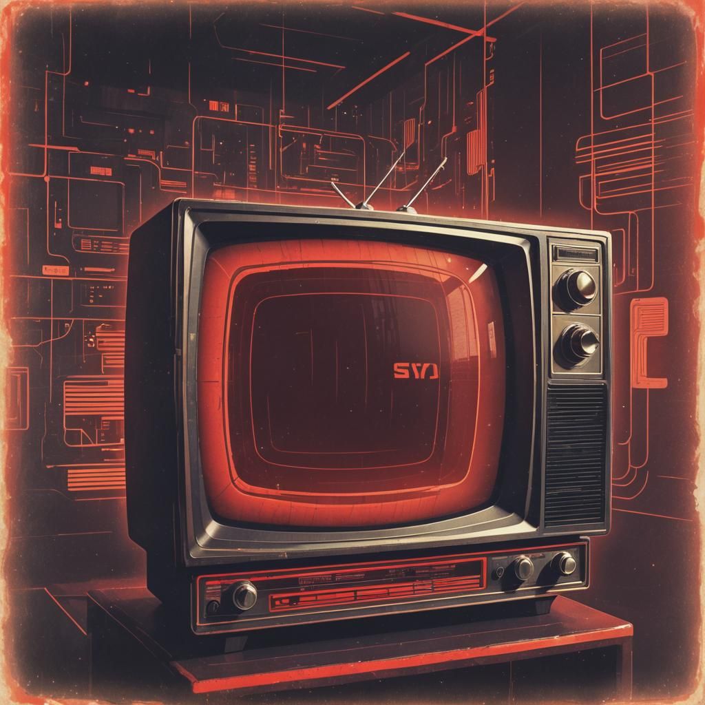 Retro Television with Scrolling Red Text in Retro-Futuristic...