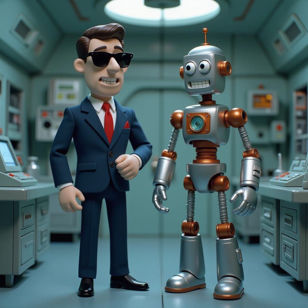 Retro Super Spy and Robot in Claymation Style