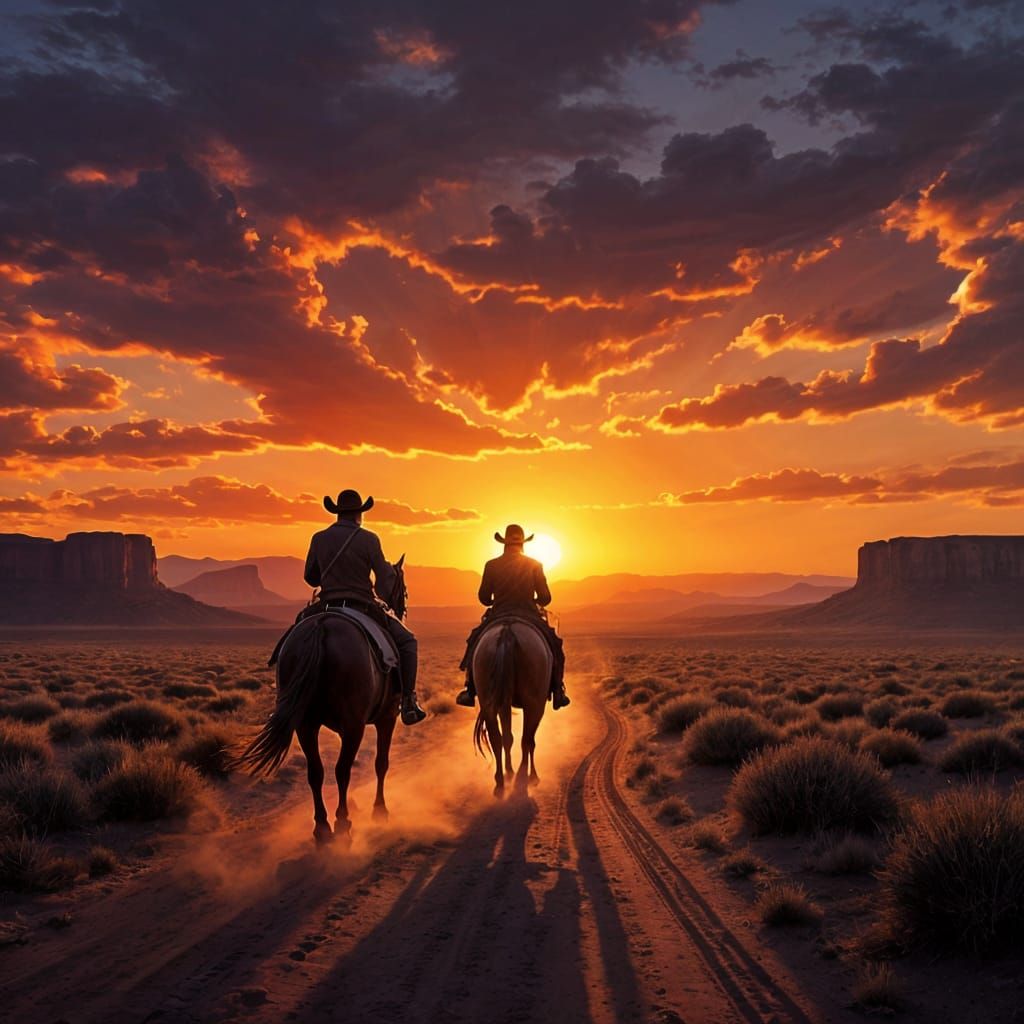 Cowboy Rides into Fiery Desert Sunset Silhouette