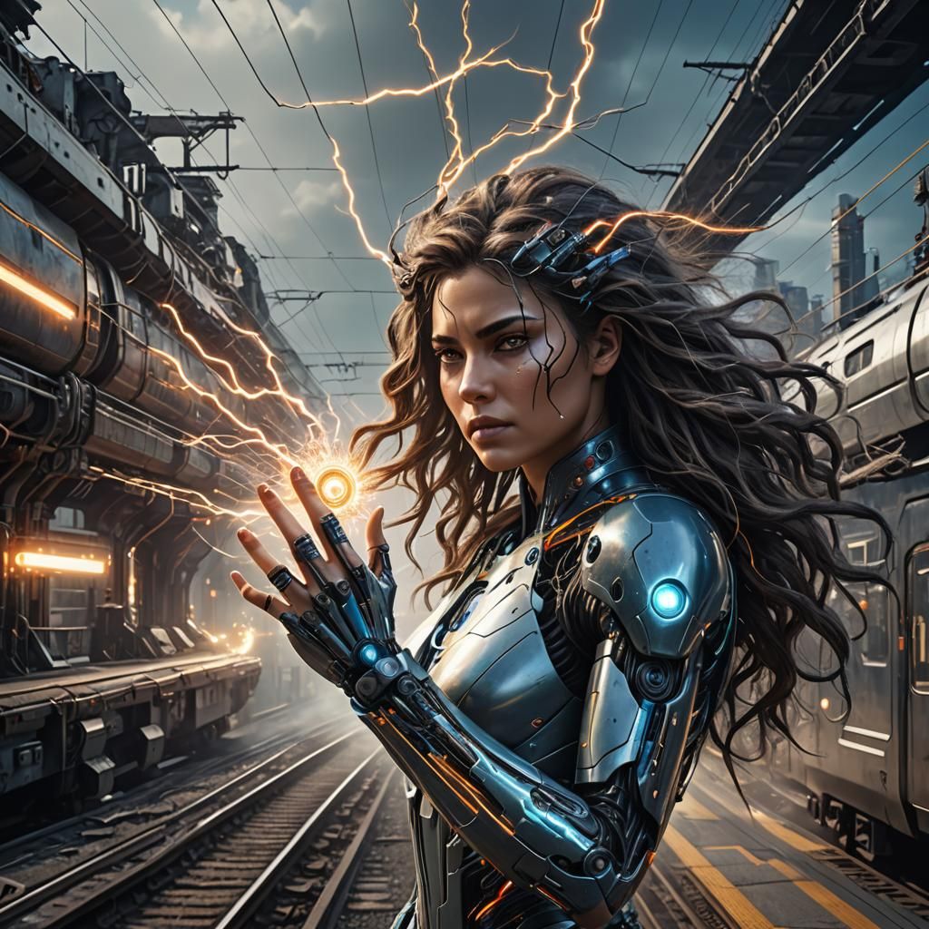 Electric Woman with Cyborg Eye, Futuristic Art