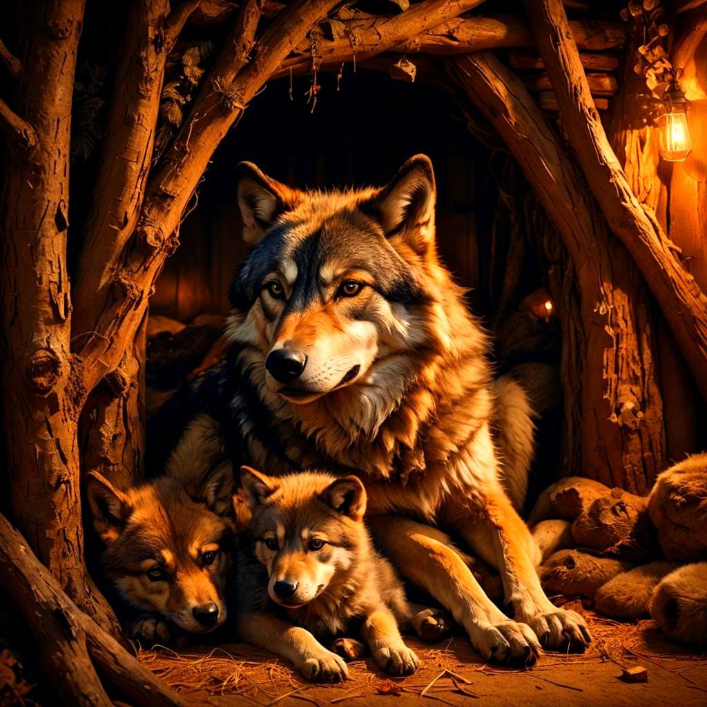 Mother Wolf's Winter Refuge in Hyperrealistic Digital Art