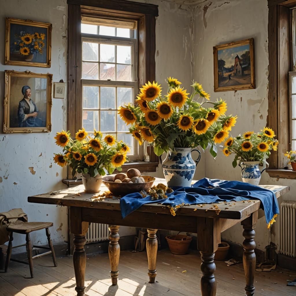 Sunflowers and Delft Blue Flowers Still Life