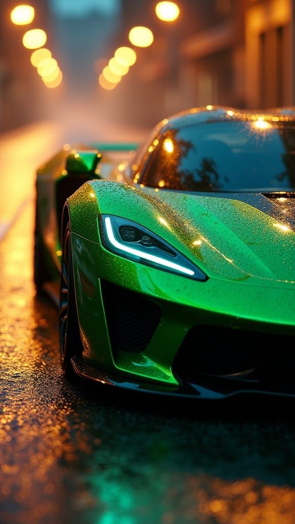 Emerald Green Sports Car Gleaming in Golden Hour Light