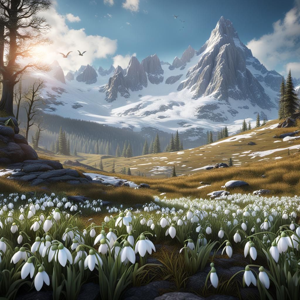Snowdrop Meadow with Snowy Mountain Backdrop