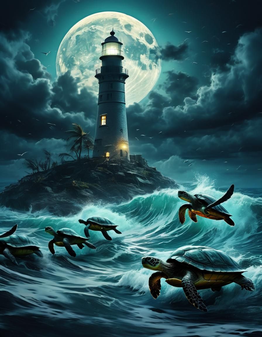Turtles Journey to Lighthouse in Stormy Sea