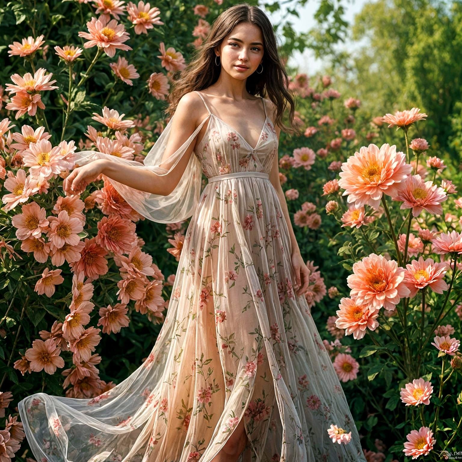 Charming Woman in Transparent Dress Among Flowers