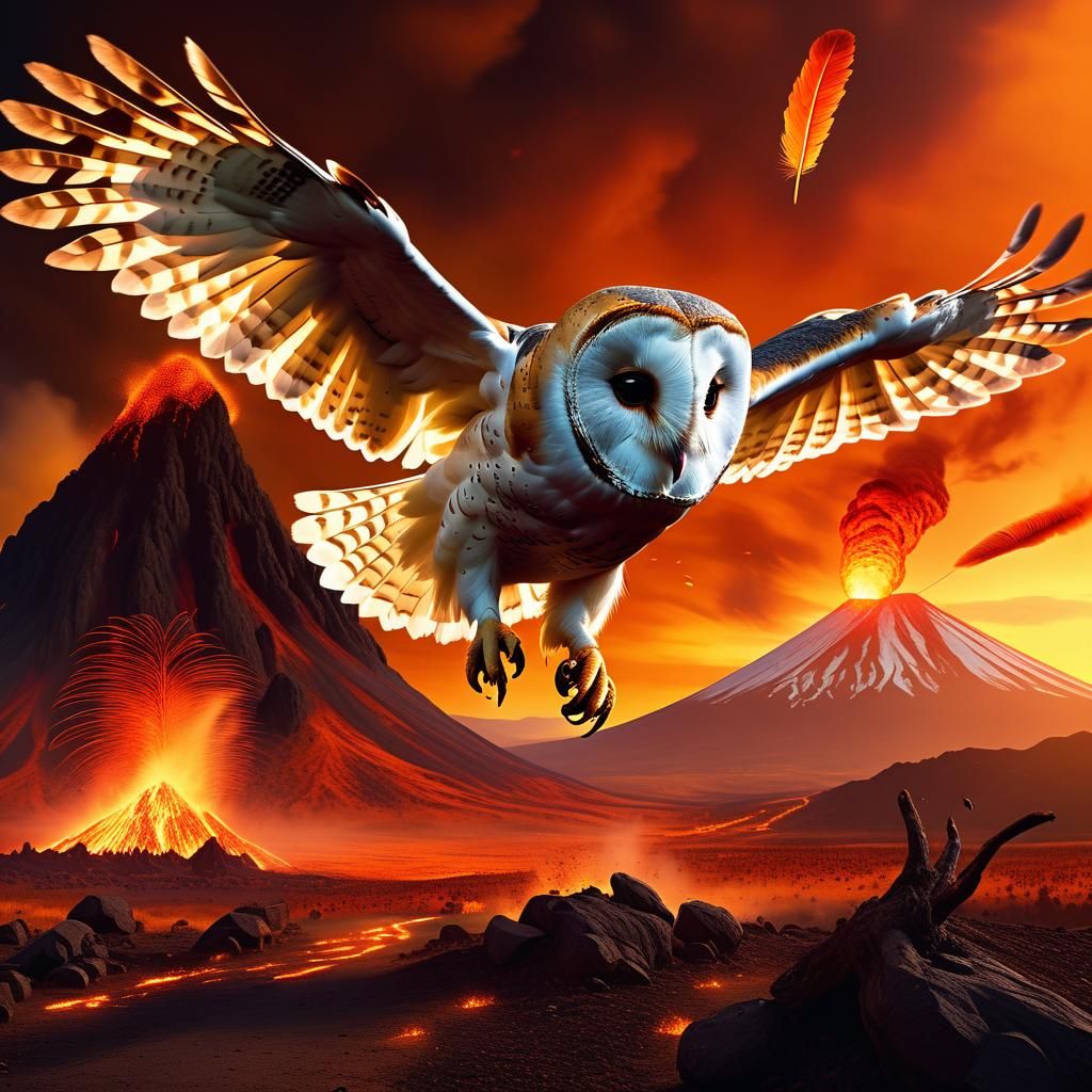 Epic Barn Owl and Volcano Scene