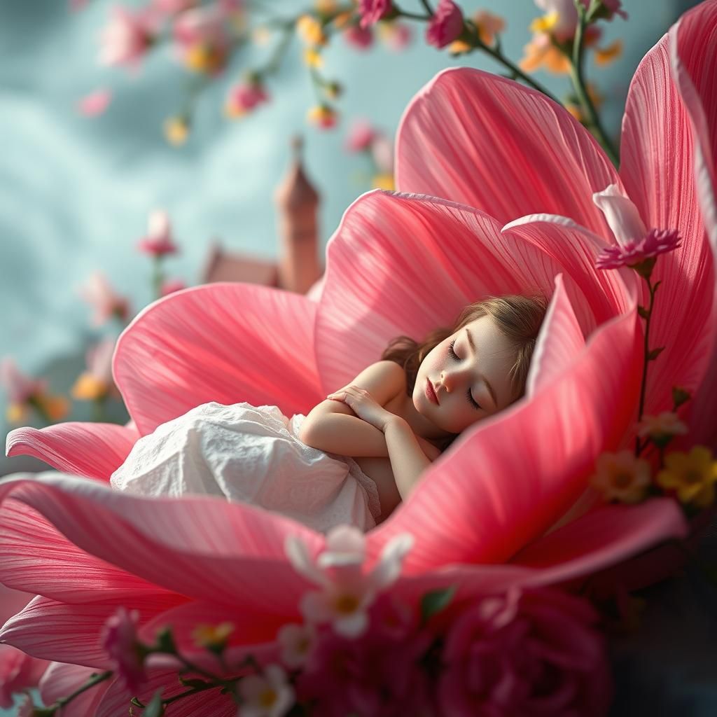 Woman Sleeps on Flower Petal in Fairy Village