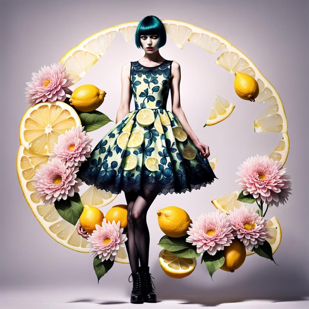 Gothic Woman Blending with Lemon Slice Flower in Pastel Fair...