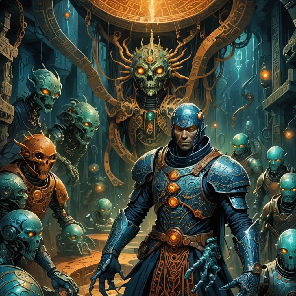 Intruder Surrounded by Automatons in Mystical Chamber