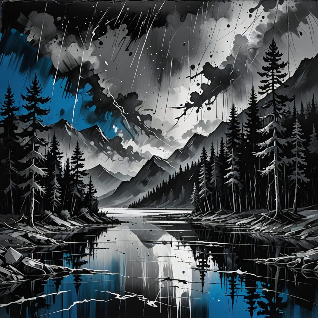 Lightning Over Mountain Lake: Abstract Mixed-Media Art