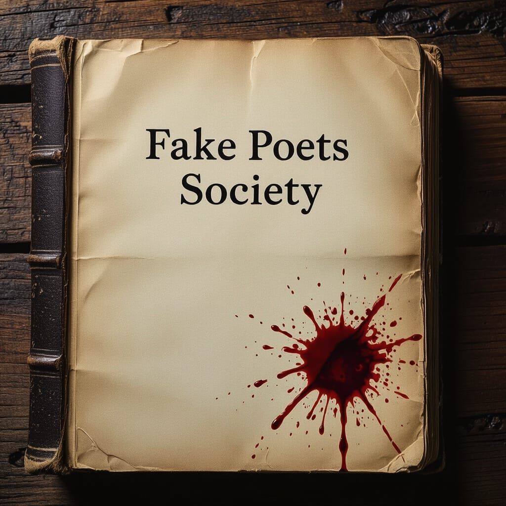 Blood Stained Antique Book with 'Fake Poets Society' Inscrip...