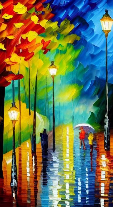 Rainy Autumn Night: Neo-Impressionist Park Scene