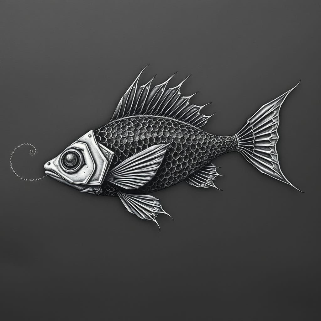 Surreal, Monochromatic Gothic Fish in Charcoal Drawing