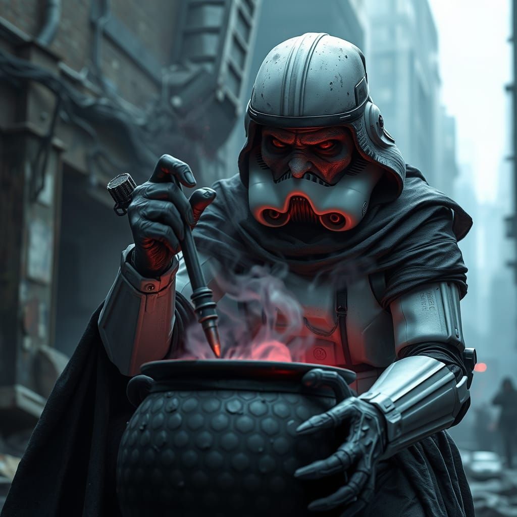 Menacing Stormtrooper Mage Brews Dark Magic in Cyberpunk Cit...