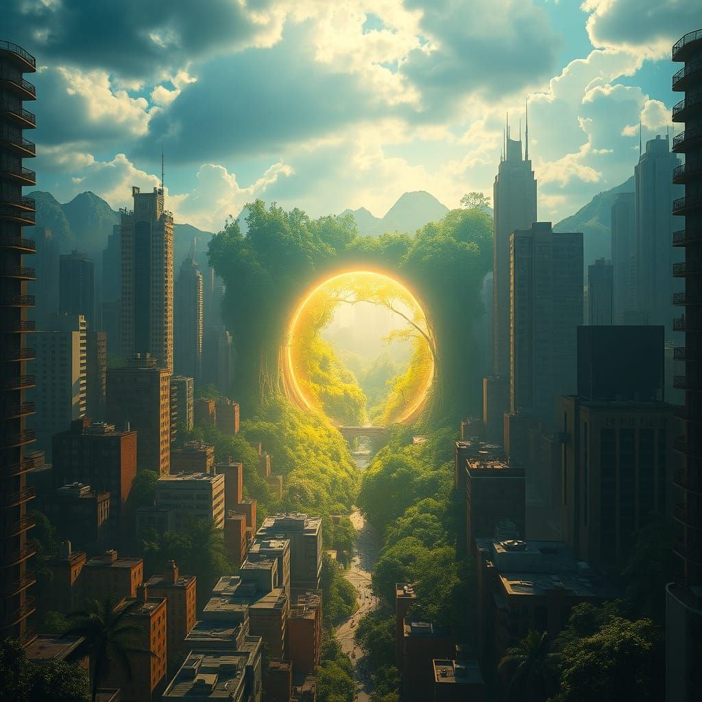 Rainforest Portal in Cyberpunk Cityscape