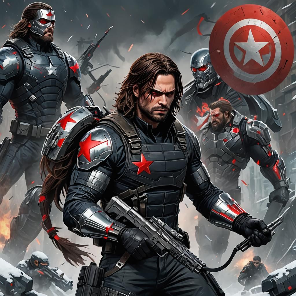 Winter soldier under the control of Hydra with a gun, MCU Bucky Barnes with ripped sleeve and metal arm, Winter Soldier ...