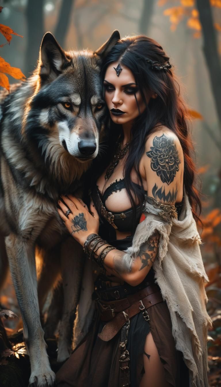 Gothic barbarian pirate woman  taming  love ,  autumn jungle...