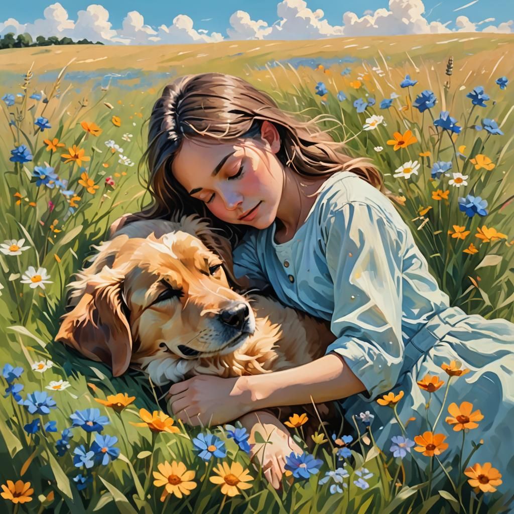 Girl and Puppy in Wildflower Field, Impressionist Style