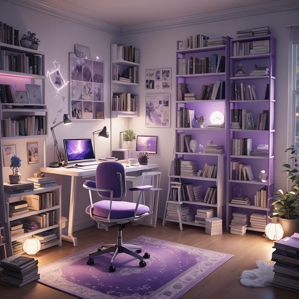 Cozy White and Purple Anime Study Room in 3D