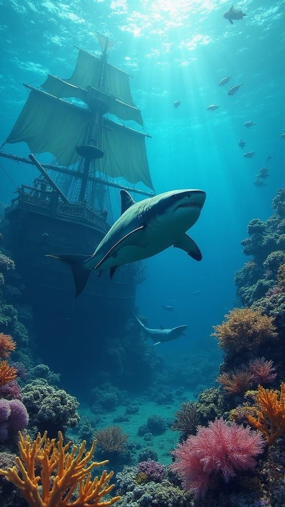 Giant Shark and Sunken Pirate Ship