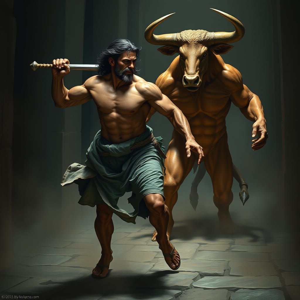 Demigod Confronts Minotaur in Ancient Greek Labyrinth