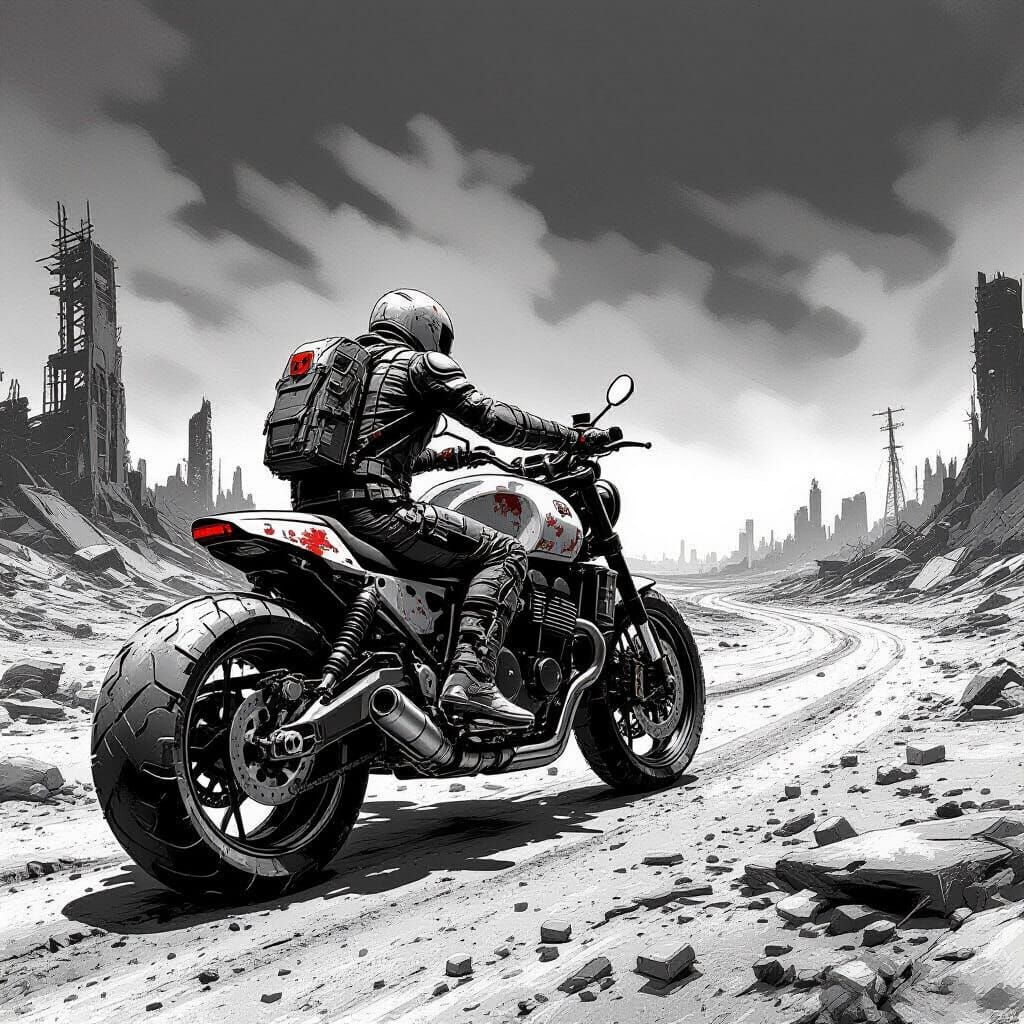 Wanderer on Armored Motorcycle in Post-Apocalyptic Wasteland