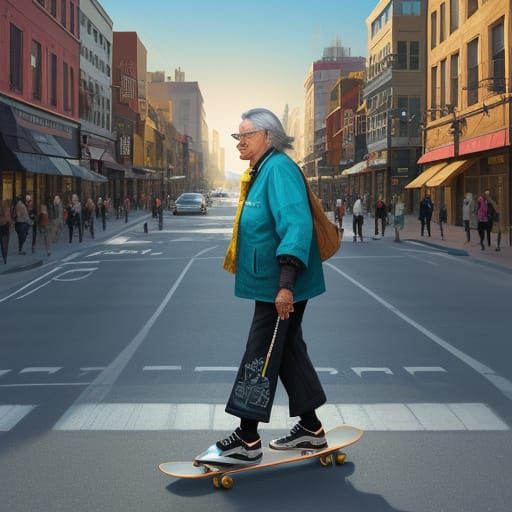 Elderly Skateboarder in Vibrant Oil Painting