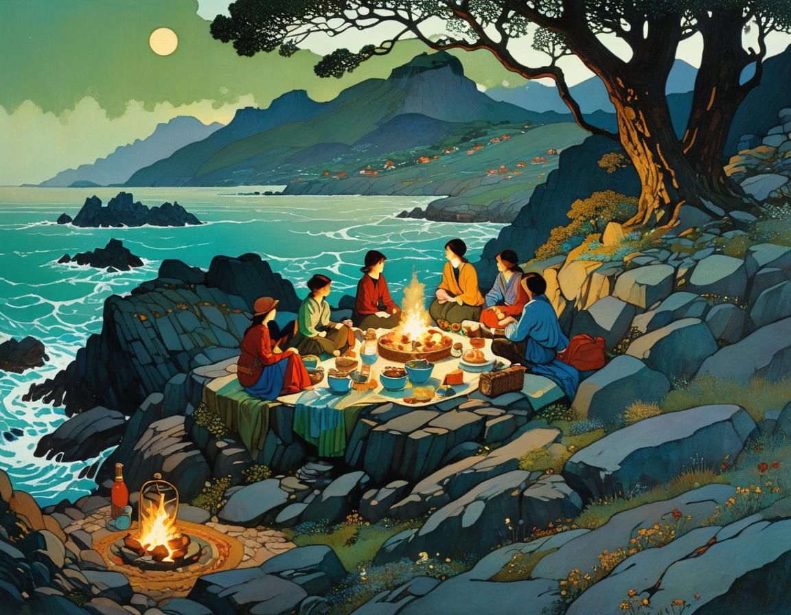 Picturesque Picnic on Rocky Island: Detailed Painterly Style