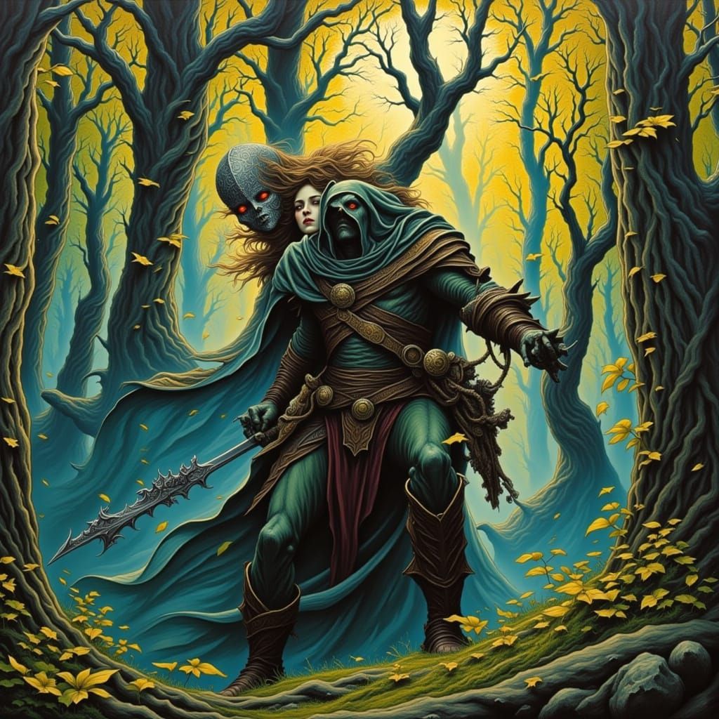 Elven Ranger Stalking Orc in the Woods