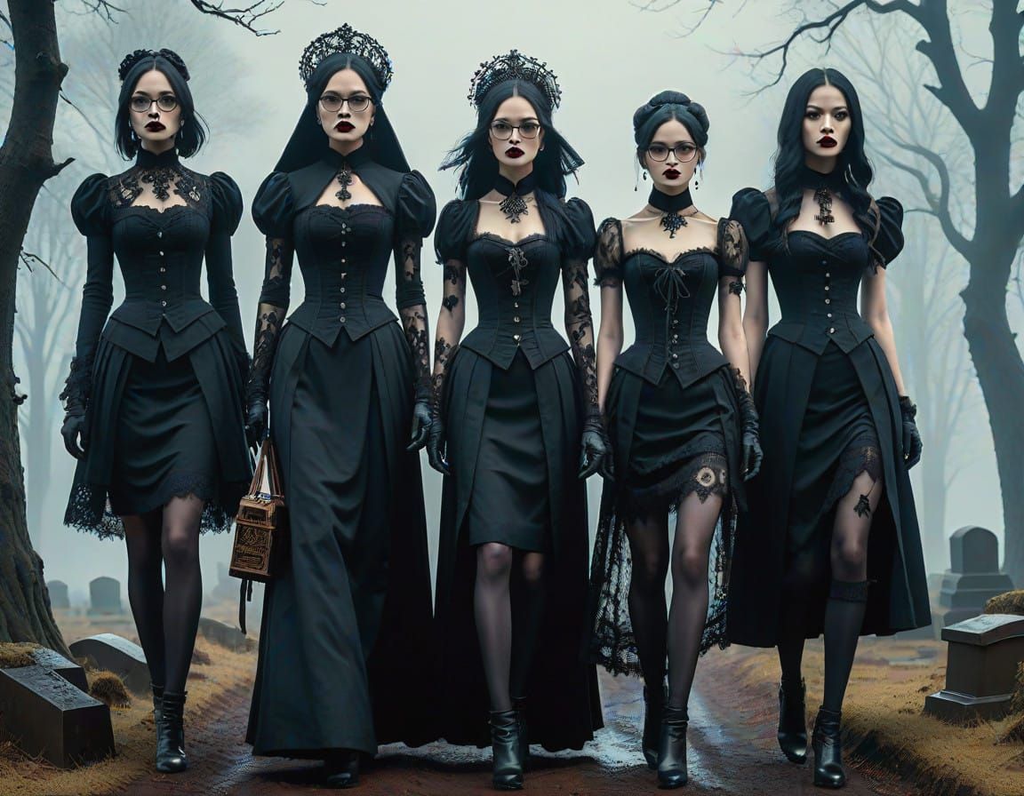 Gothic Beauties in Ebony Mourning Attire, Carrying a Victori...