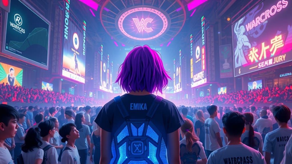 Neon-Haired Hologram in Warcross Arena, Digital Art