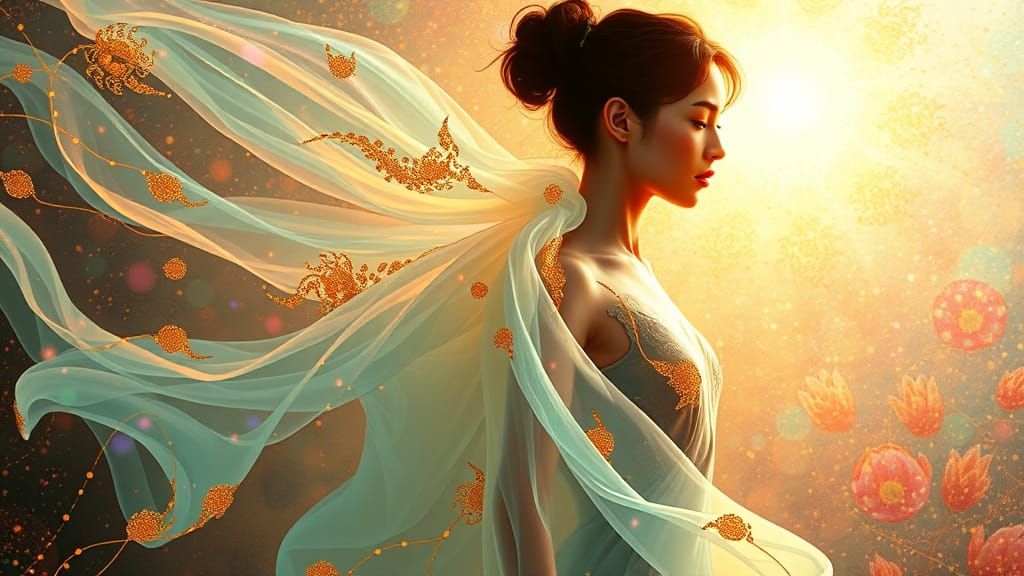 Ethereal Goddess Transcends Shadow, Radiating Vibrant Irides...