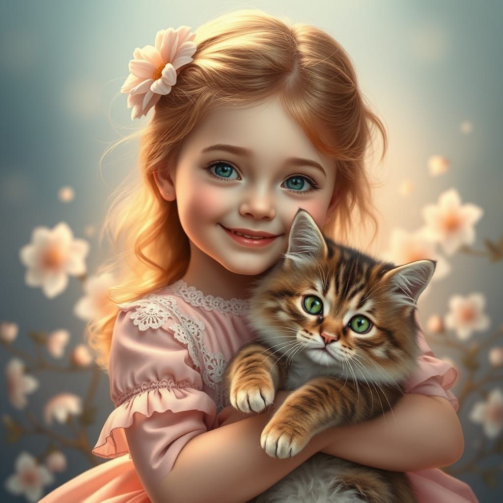 Warm Portrait of a Young Girl with Cat in Soft Pastel Hues