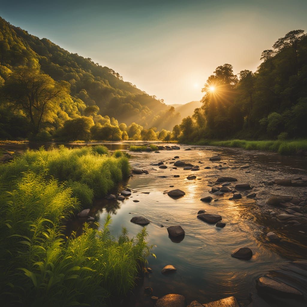 Serene River Valley in Golden Hour Lighting