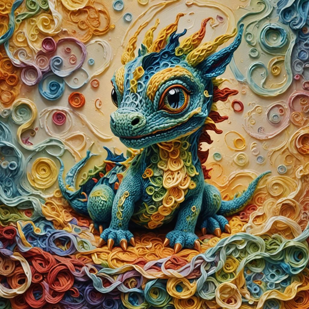 Knitted Dragon in Surreal Dreamscape: Oil on Canvas