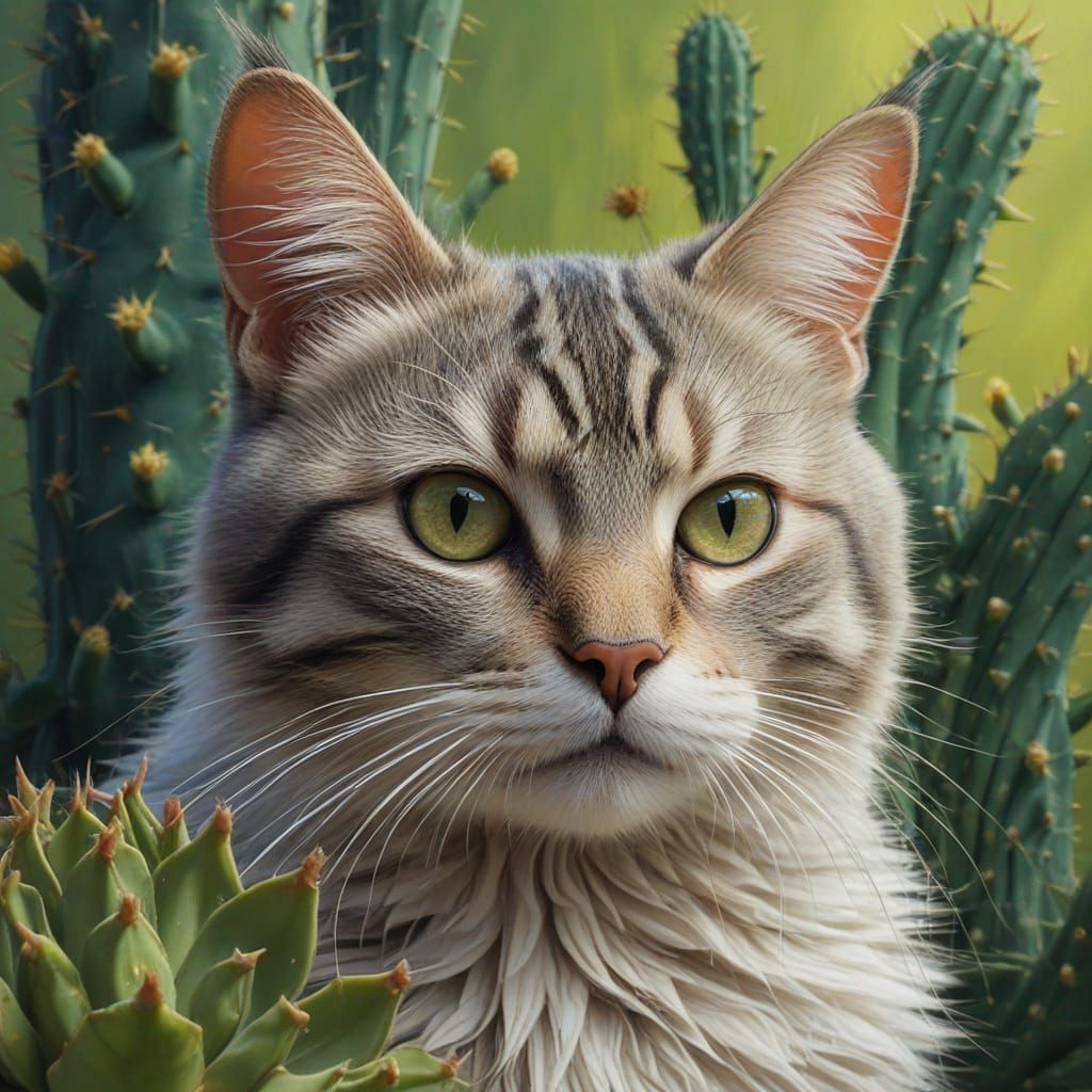 Surreal Cat and Cactus Entity Oil Painting