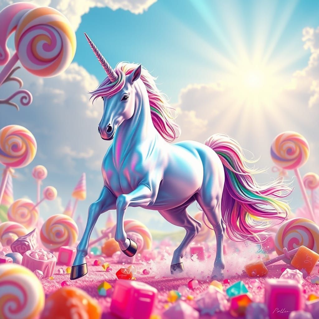 Majestic Unicorn Gallops Across Whimsical Candy Land
