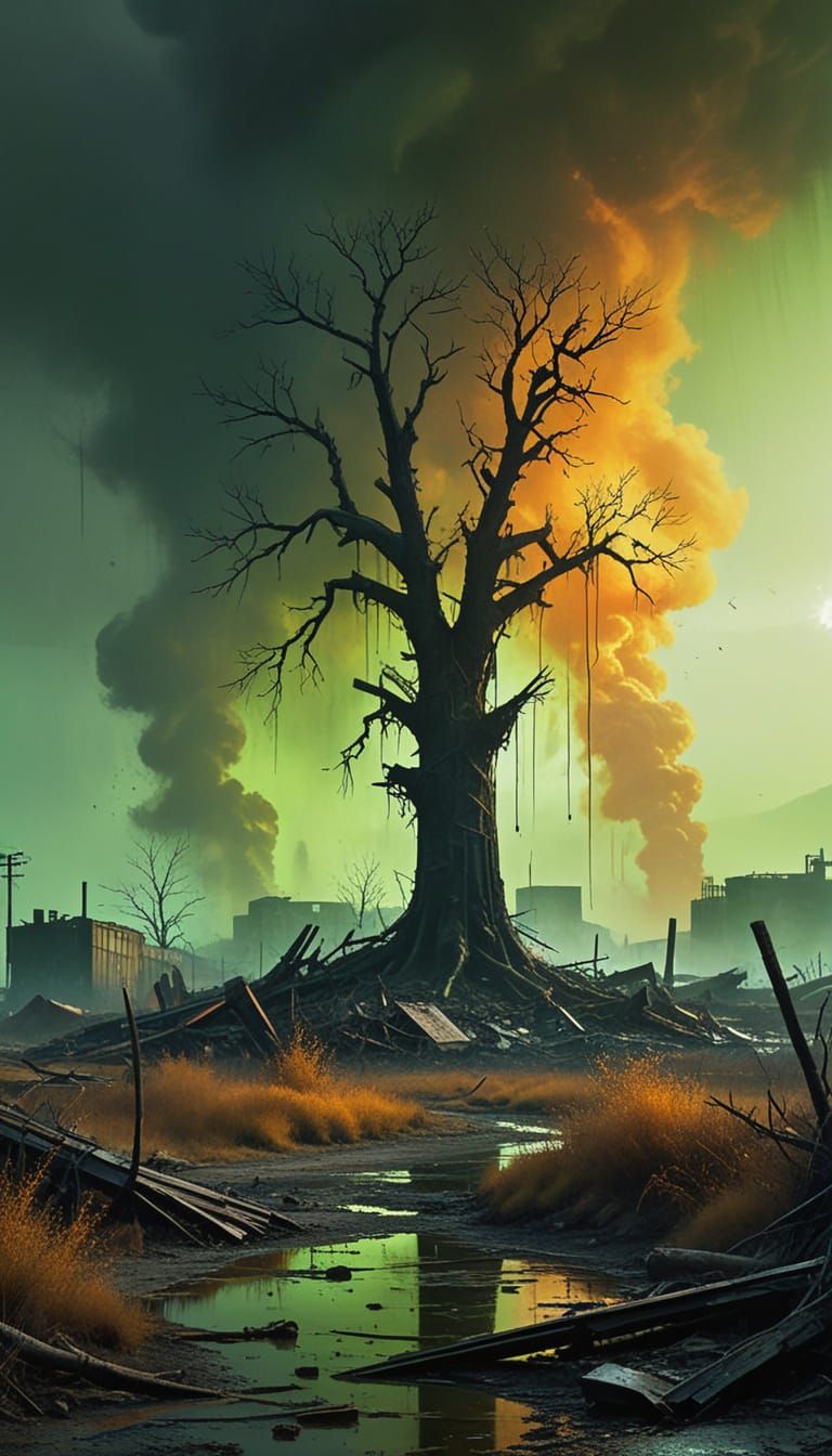 Surrealist Oil Painting of a Lone Figure in a Polluted Lands...