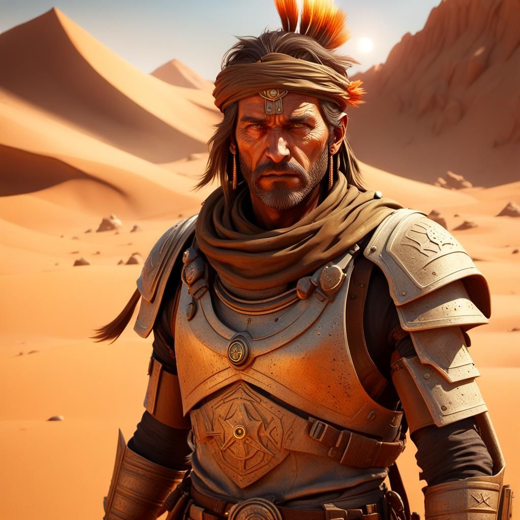 Fantasy Sandstorm Nomad Warrior in Harsh Desert