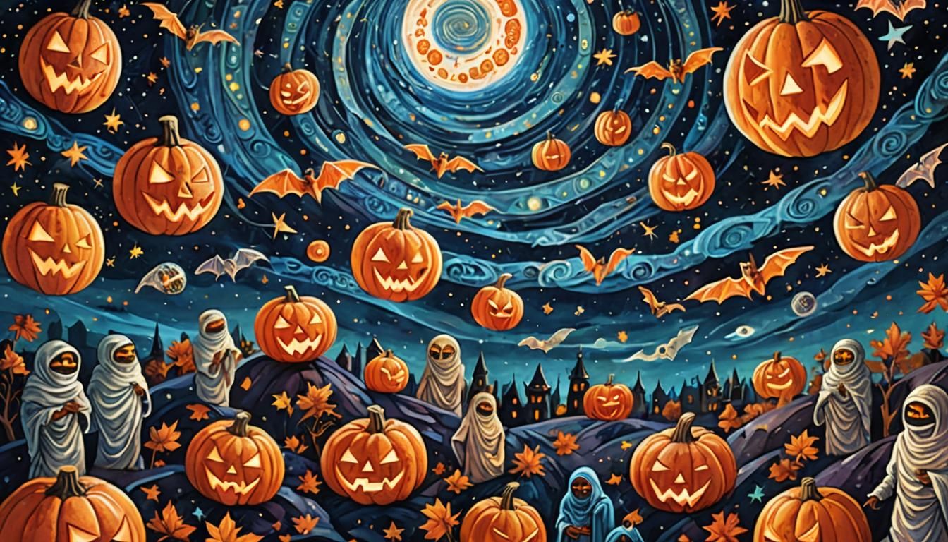 Mummies, Pumpkins, and Bats in Astral Cosmic Illustration