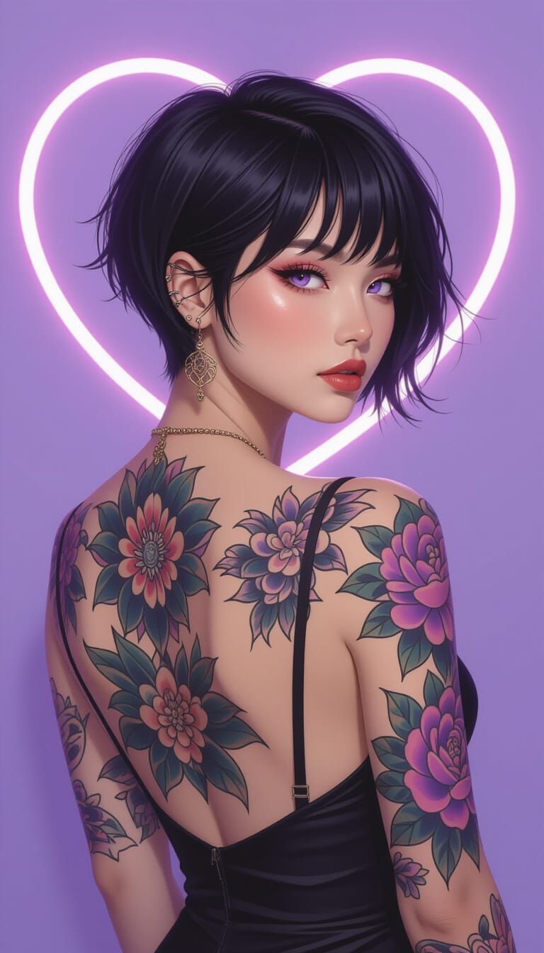 Asian Beauty with Tattoos in Art Nouveau Style
