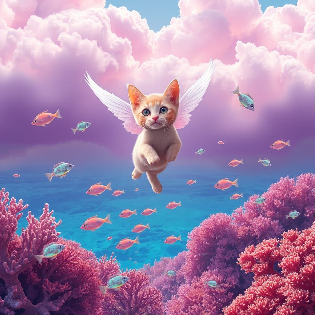 Dreamlike Whimsical Cat Soars Above Vibrant Coral Reef