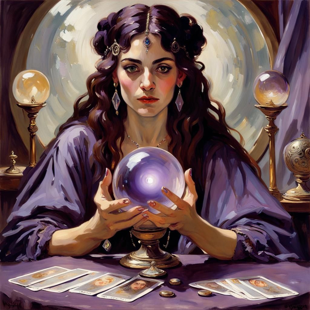 Mystical Tarot Card Reading in Oil Painting Style