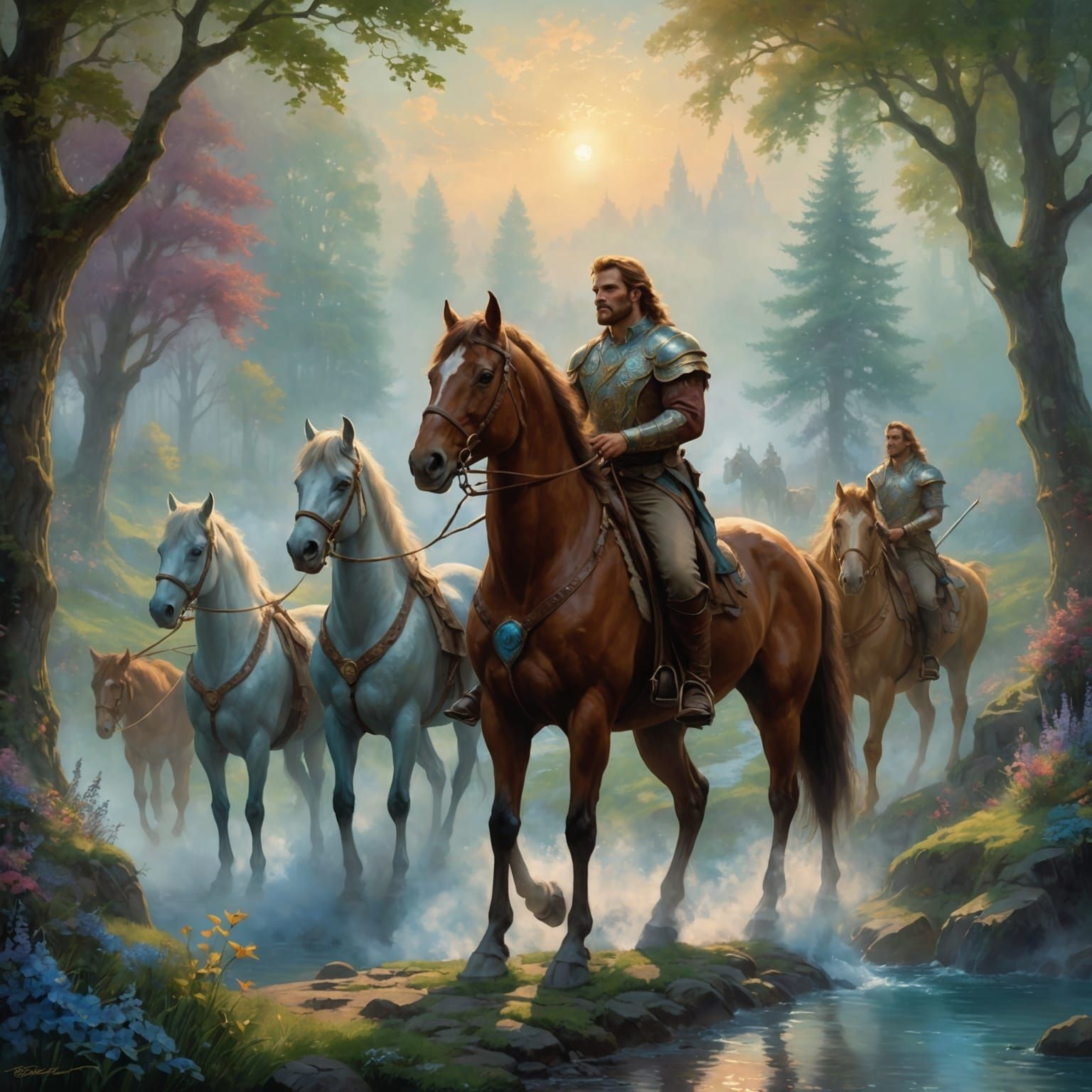 Ethereal Centaurs in a Misty Fantasy Landscape