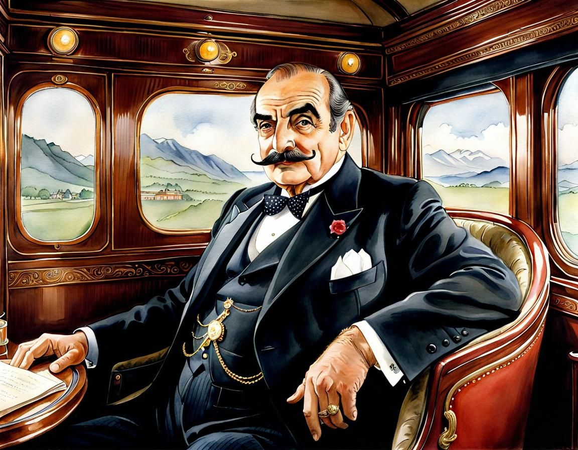 Hercule Poirot Portrait in Orient Express, Watercolor Style
