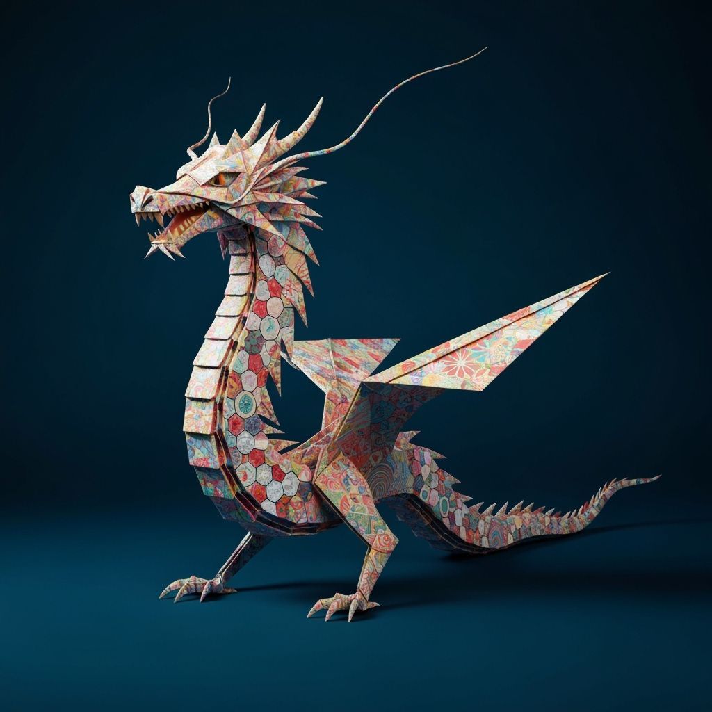 Colorful Origami Dragon in Takashi Murakami Style