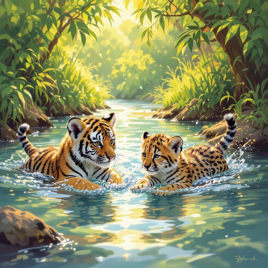 Tiger and Cheetah Cubs Swim in Sunny River
